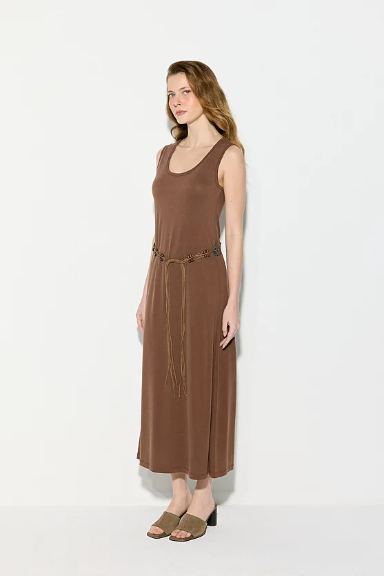 Modal Knit Midi Dress with Belt Detail - Brown - Gusto