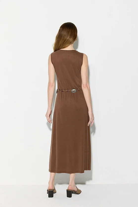 Modal Knit Midi Dress with Belt Detail - Brown - 7
