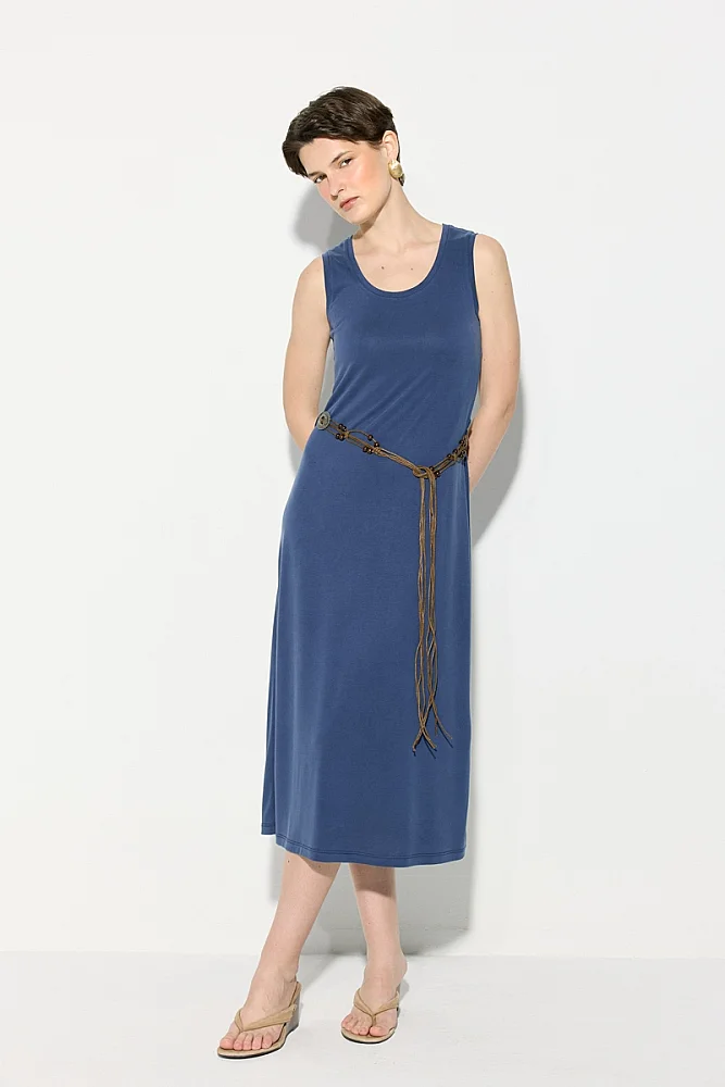 Modal Knit Midi Dress with Belt Detail - Navy Blue