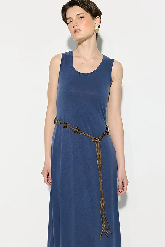Modal Knit Midi Dress with Belt Detail - Navy Blue - Gusto