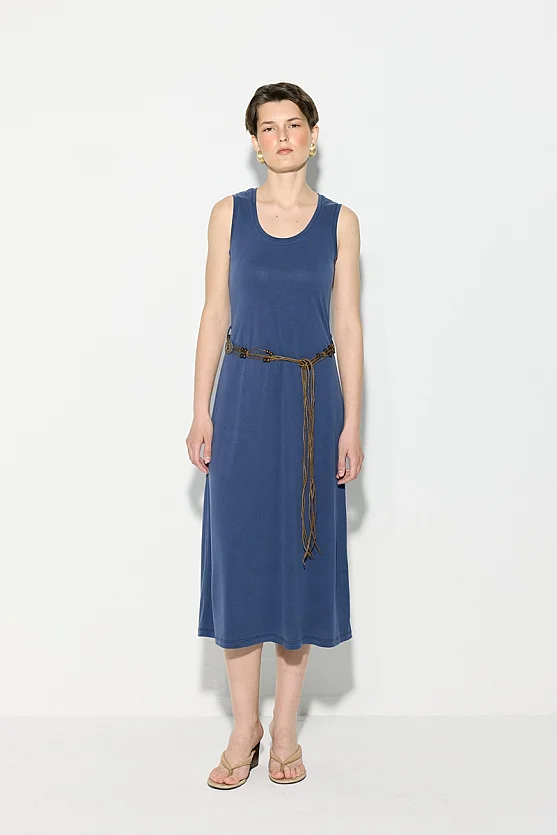 Modal Knit Midi Dress with Belt Detail - Navy Blue - 3