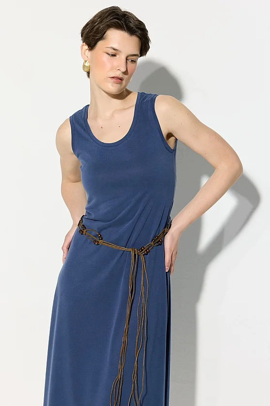 Modal Knit Midi Dress with Belt Detail - Navy Blue - 6