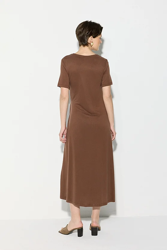 Modal Knit Midi Dress with Tie Detail - Brown - 7