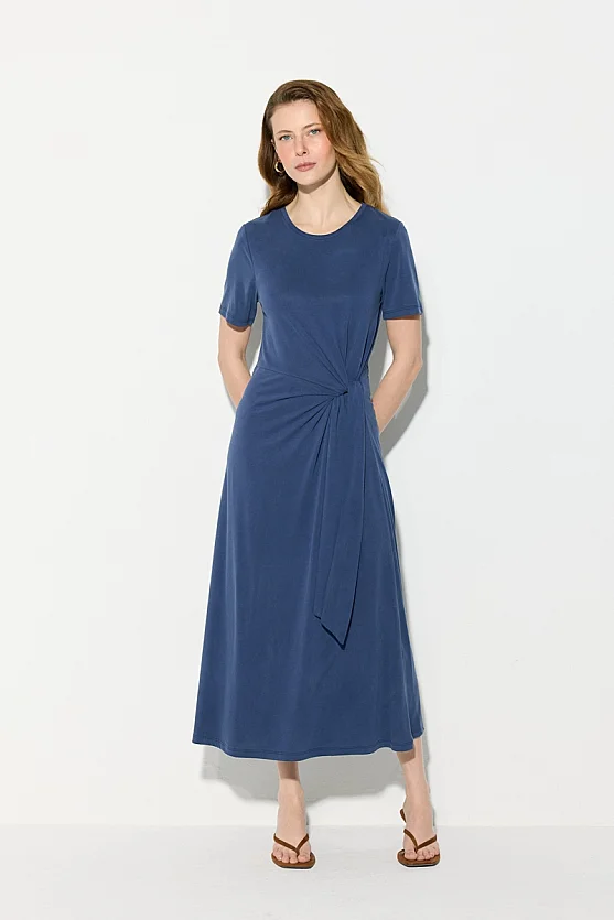 Modal Knit Midi Dress with Tie Detail - Navy Blue - Gusto