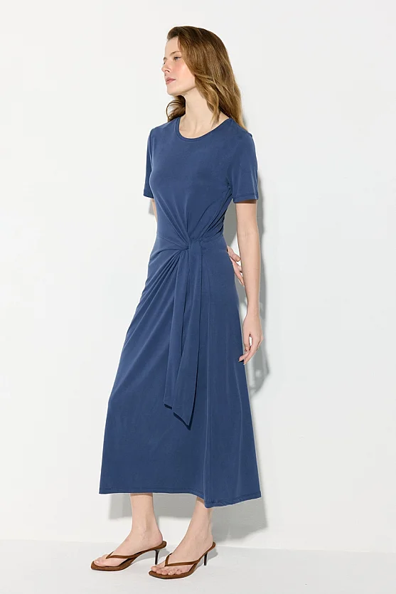 Modal Knit Midi Dress with Tie Detail - Navy Blue - Gusto