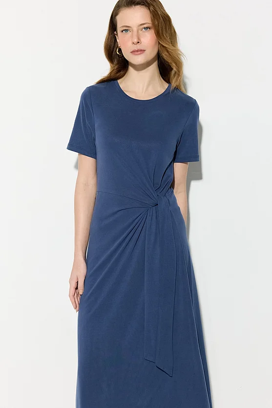 Modal Knit Midi Dress with Tie Detail - Navy Blue - Gusto