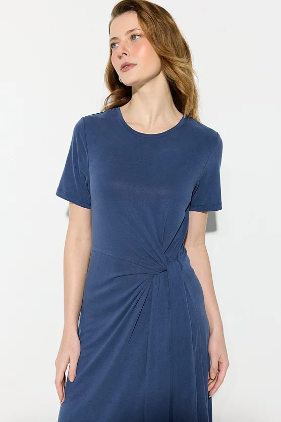 Modal Knit Midi Dress with Tie Detail - Navy Blue - Gusto
