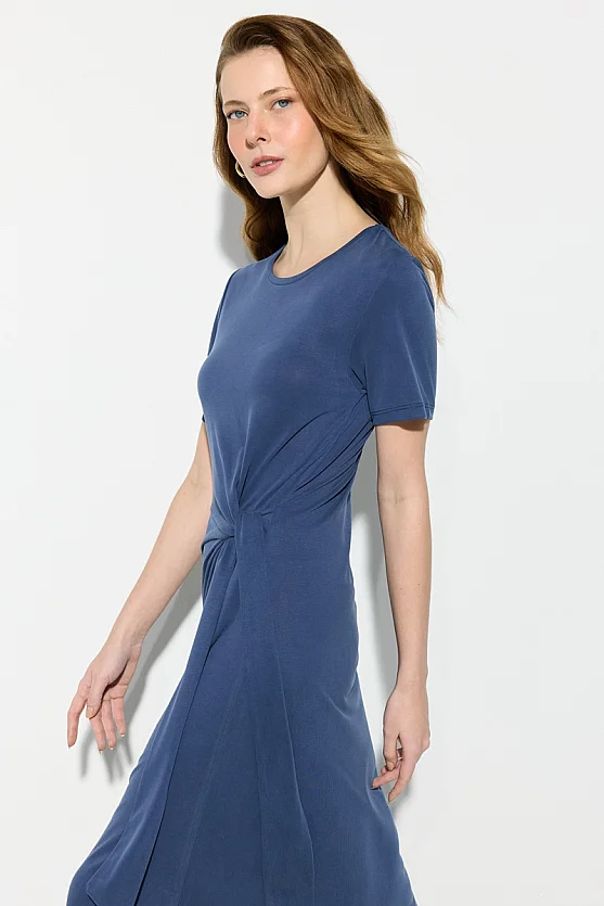 Modal Knit Midi Dress with Tie Detail - Navy Blue - Gusto