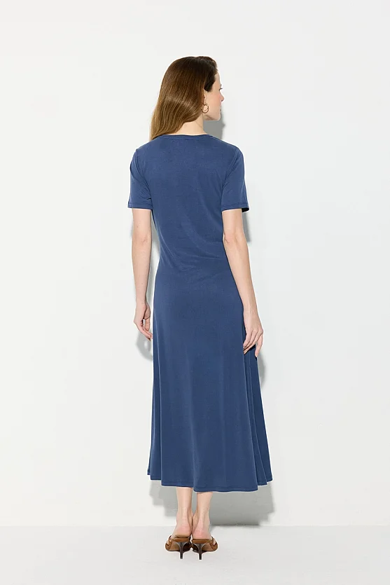 Modal Knit Midi Dress with Tie Detail - Navy Blue - Gusto