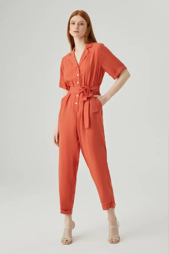 Mono Neck Belted Jumpsuit - Brick - 3