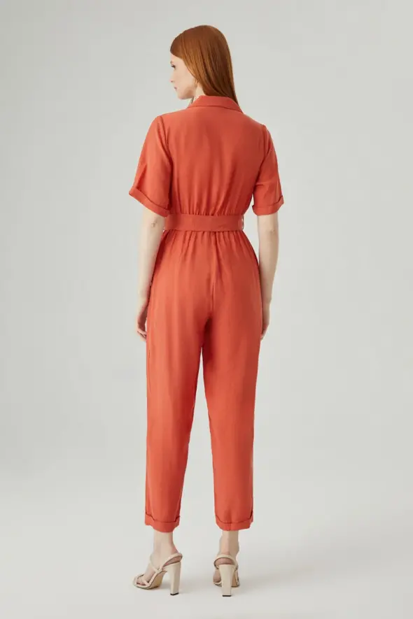 Mono Neck Belted Jumpsuit - Brick - 5