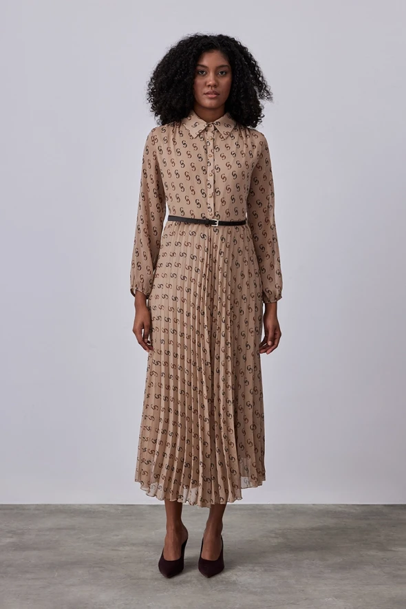 Monogram Chiffon Dress with Waist Belt - Camel - 4