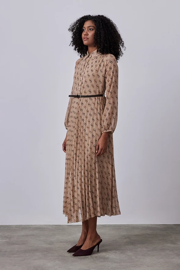 Monogram Chiffon Dress with Waist Belt - Camel - 1