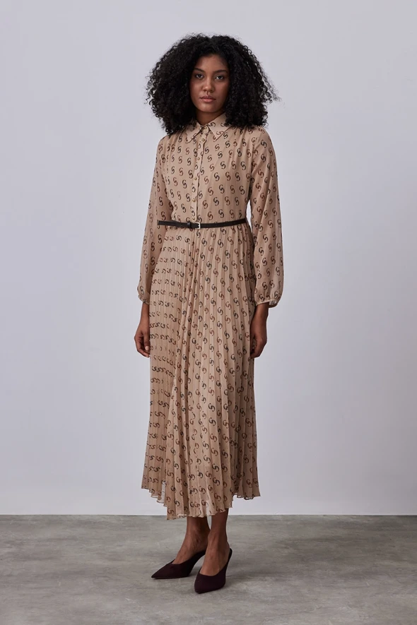 Monogram Chiffon Dress with Waist Belt - Camel - 3