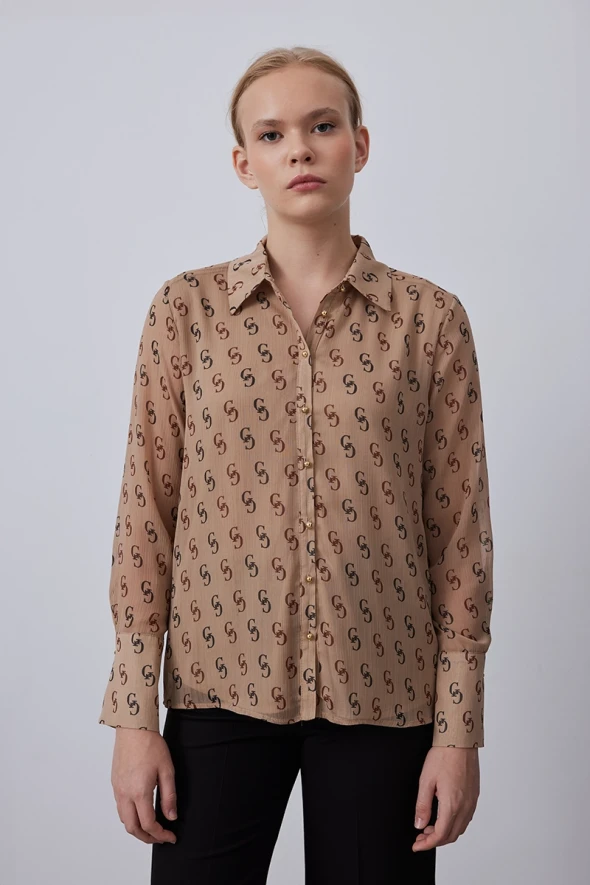 Monogram Chiffon Shirt - Camel - 2