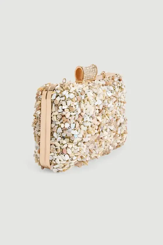 Mother-of-Pearl Stone Evening Clutch Bag - Gold - 3