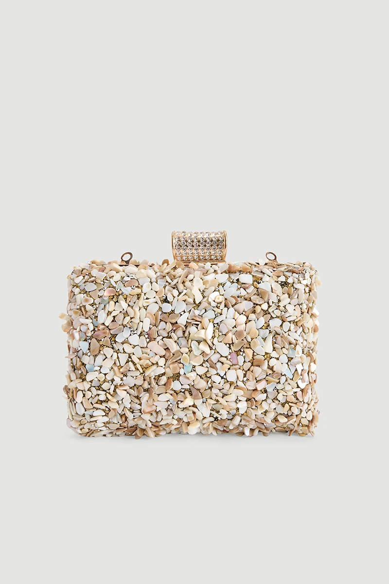 Mother-of-Pearl Stone Evening Clutch Bag - Gold Gold