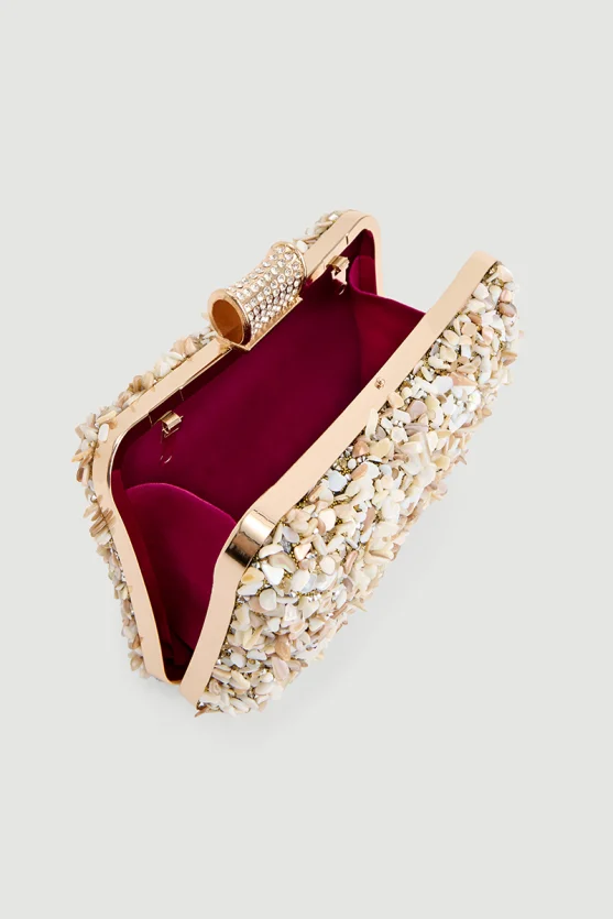 Mother of Pearl Stone Evening Clutch Bag Gold - 4