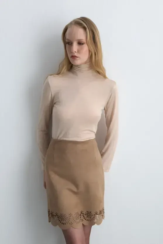 Motifed Suede Skirt - Camel - Gusto