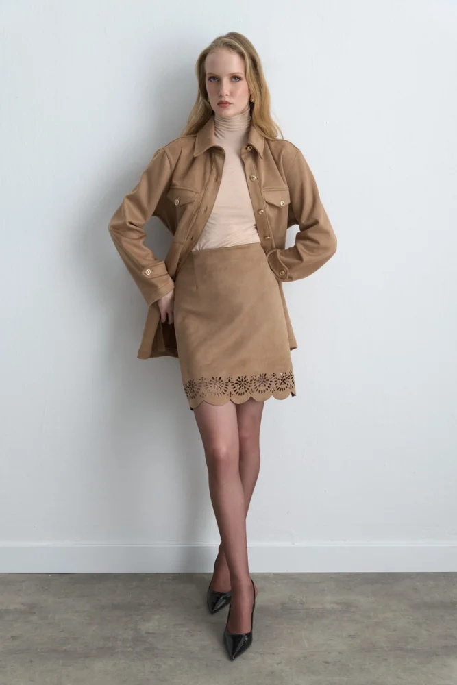 Motifed Suede Skirt Camel Camel