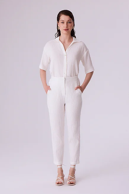 Muslin Cotton Trousers - White - 3