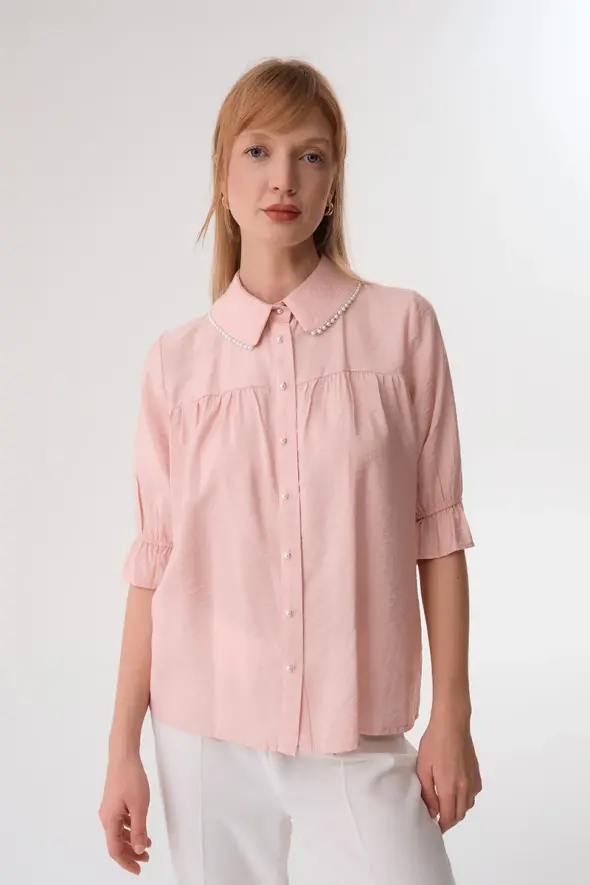 Neck Pearls Shirt - Pink - 1