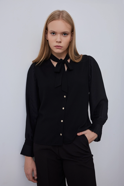 Neck Tie Blouse with Pleated Sleeves - Black Black