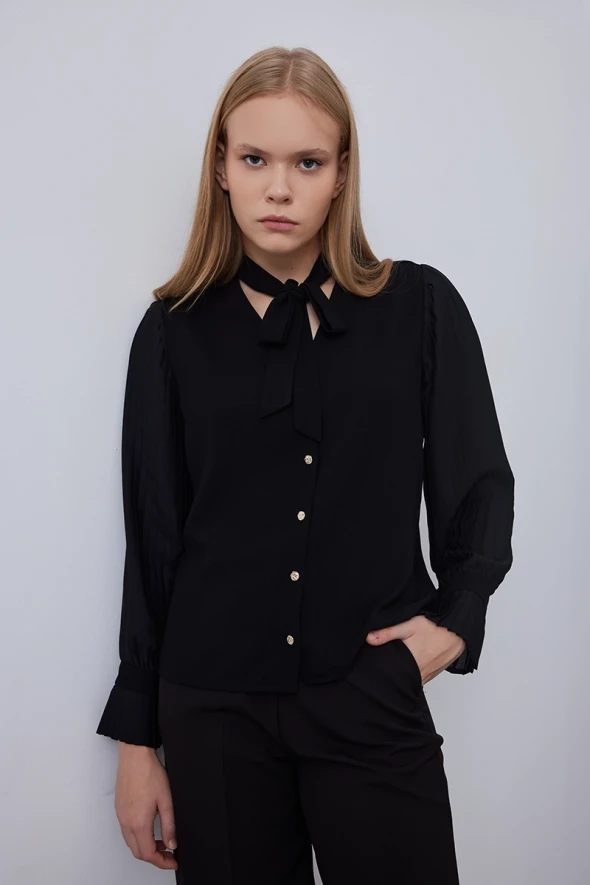 Neck Tie Blouse with Pleated Sleeves - Black - 1