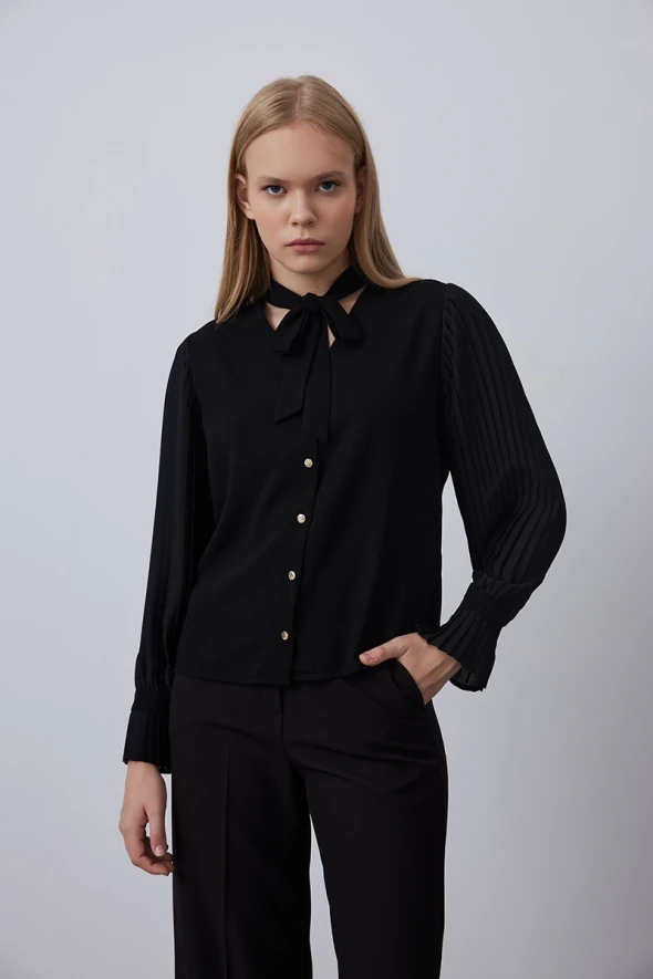 Neck Tie Blouse with Pleated Sleeves - Black - 3