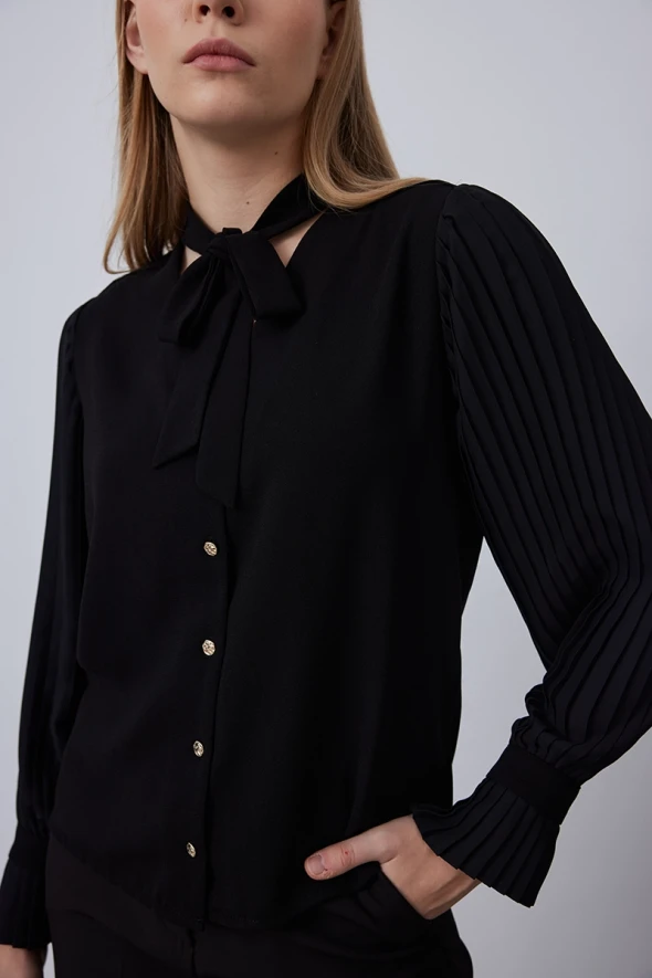 Neck Tie Blouse with Pleated Sleeves - Black - 4