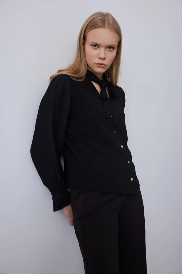 Neck Tie Blouse with Pleated Sleeves - Black - 5