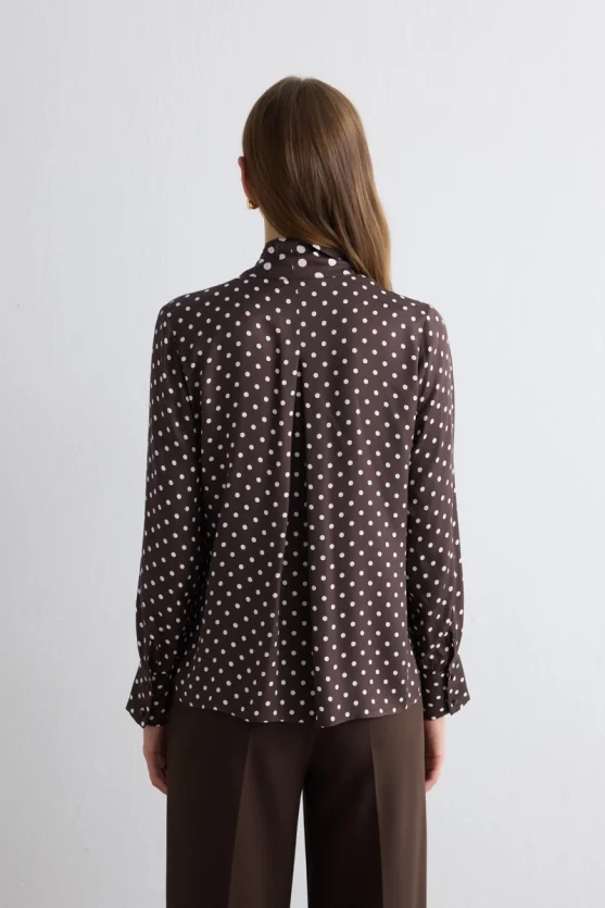 Neck-Tie Polka Dot Viscose Satin Blouse - Brown - 4