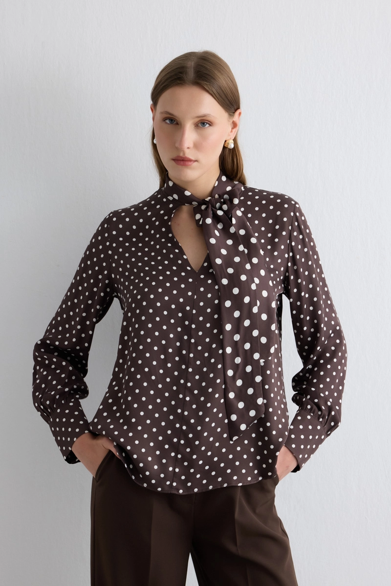 Neck-Tie Polka Dot Viscose Satin Blouse - Brown Brown