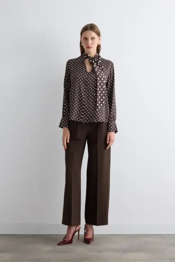 Neck-Tie Polka Dot Viscose Satin Blouse - Brown - Gusto