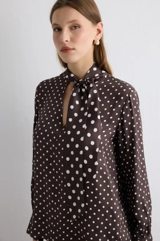 Neck-Tie Polka Dot Viscose Satin Blouse - Brown - 2