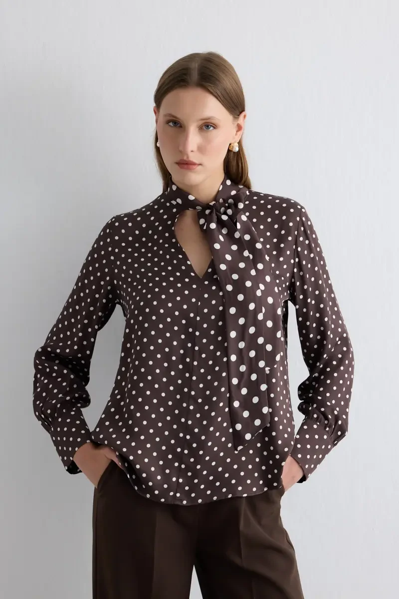 Neck-Tie Polka Dot Viscose Satin Blouse - Brown - Gusto