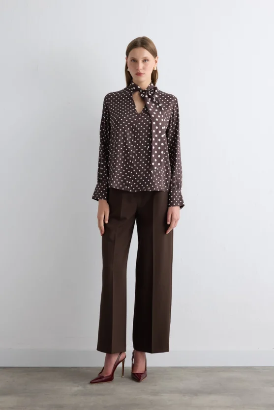 Neck Tie Polka Dot Viscose Satin Blouse Brown - Gusto