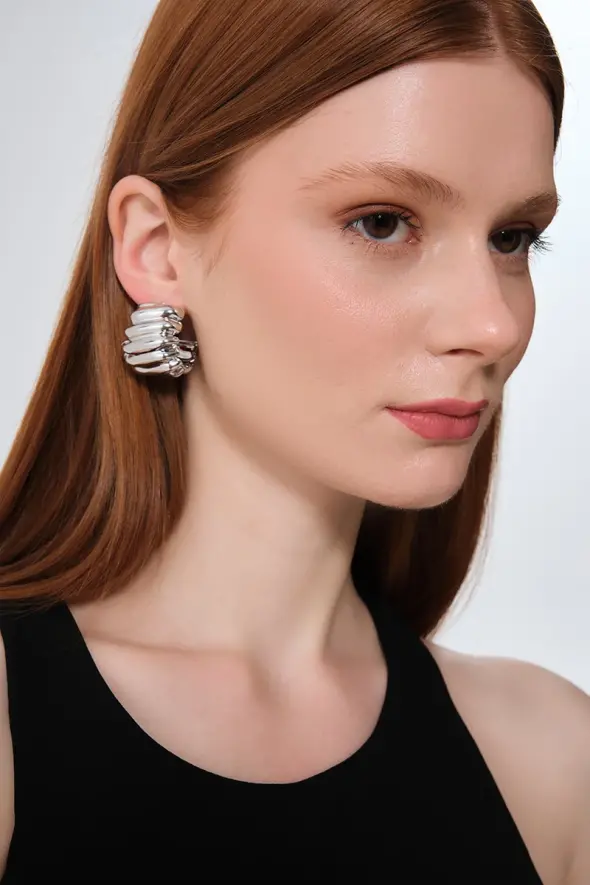 Notched Embellished Earrings - Silver - 2