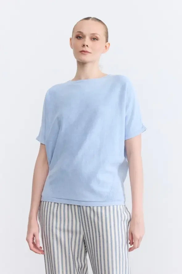 Off-Shoulder Cotton Knit Blouse - Blue - 1