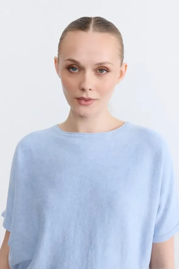 Off-Shoulder Cotton Knit Blouse - Blue - 2