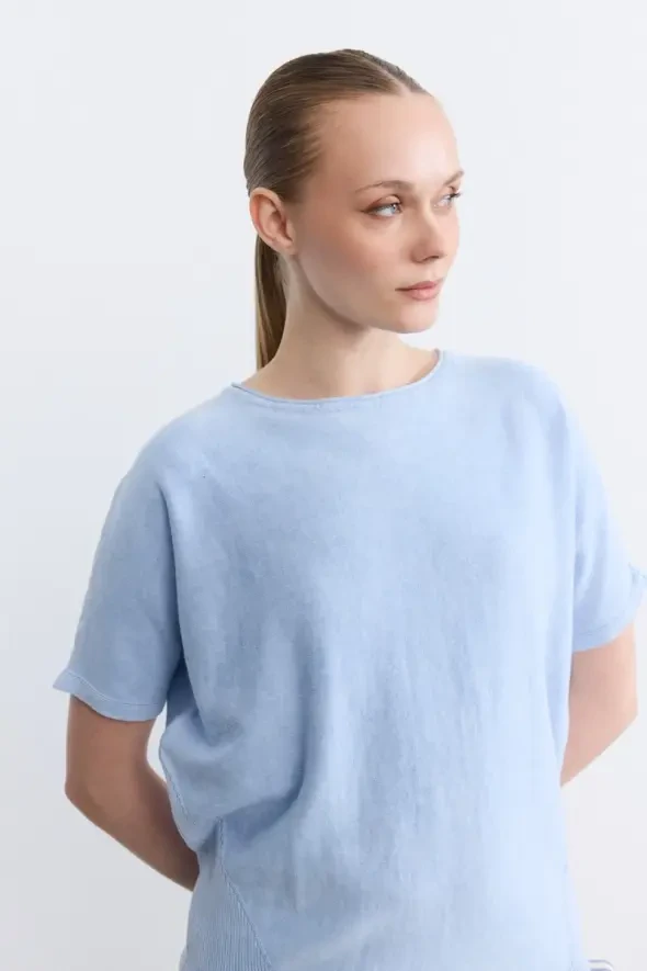 Off-Shoulder Cotton Knit Blouse - Blue - 3