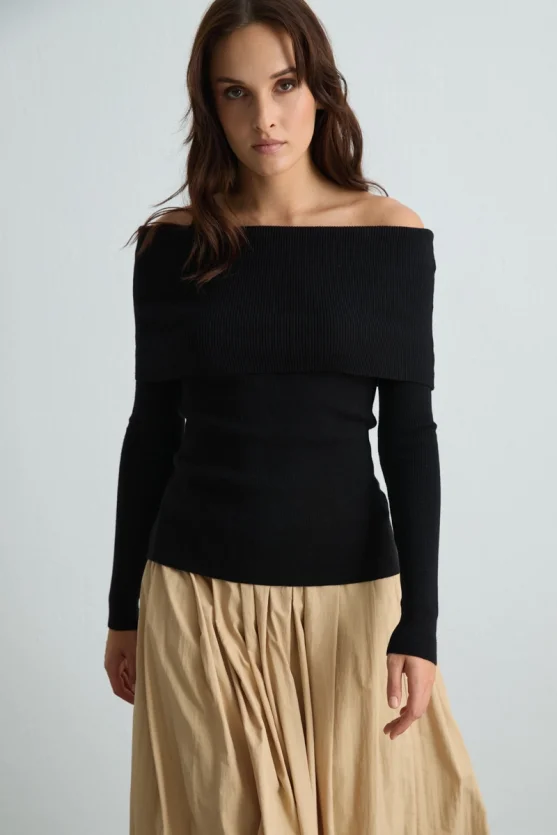 Off Shoulder Knit Blouse Black - Gusto
