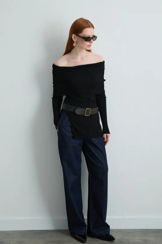 Off Shoulder Rayon Knit Blouse Black - 5