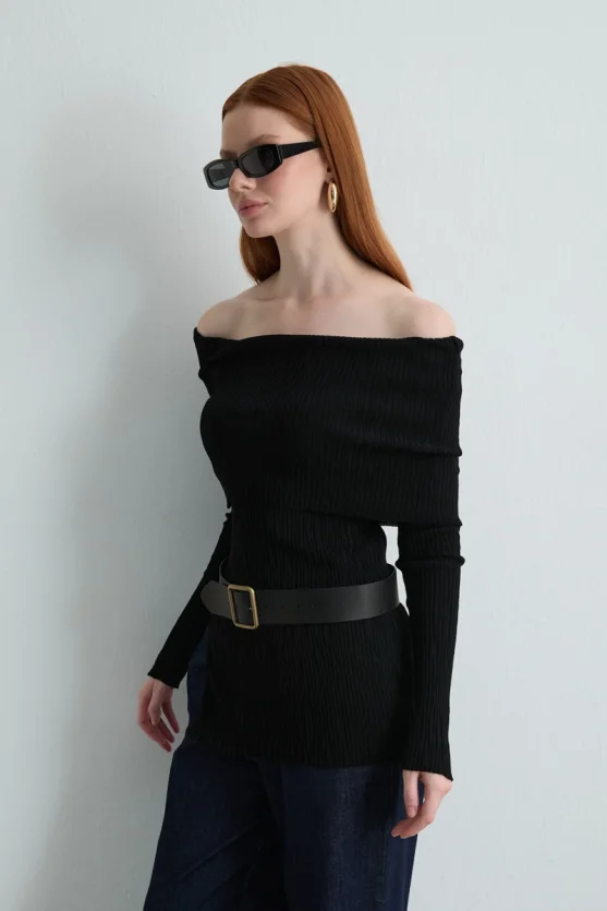 Off Shoulder Rayon Knit Blouse Black - Gusto