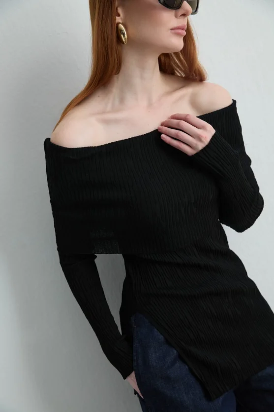 Off Shoulder Rayon Knit Blouse Black - Gusto