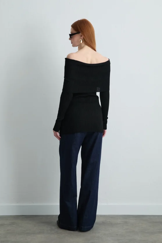 Off Shoulder Rayon Knit Blouse Black - Gusto