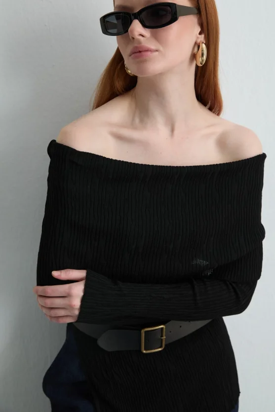 Off Shoulder Rayon Knit Blouse Black - 2