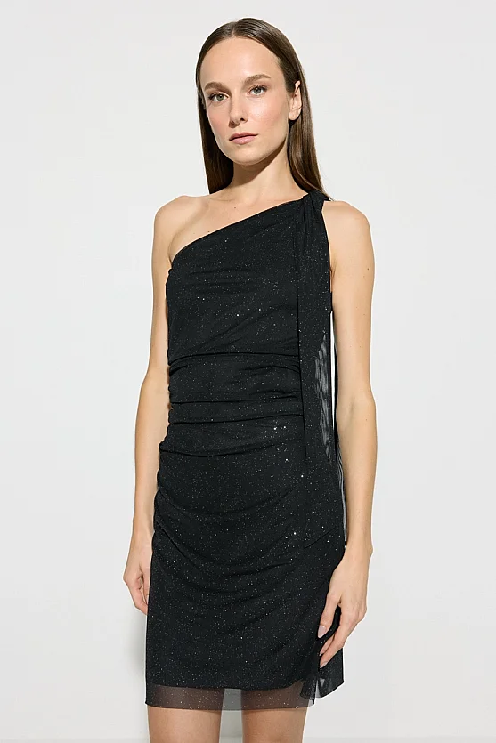One-Shoulder Glitter Blouse - Black - 4