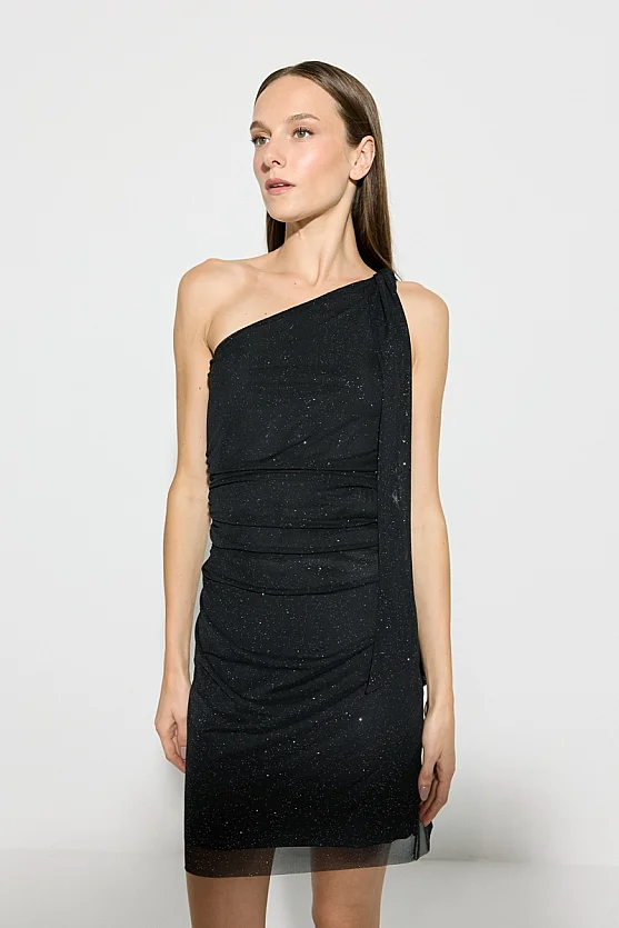 One-Shoulder Glitter Blouse - Black - 1