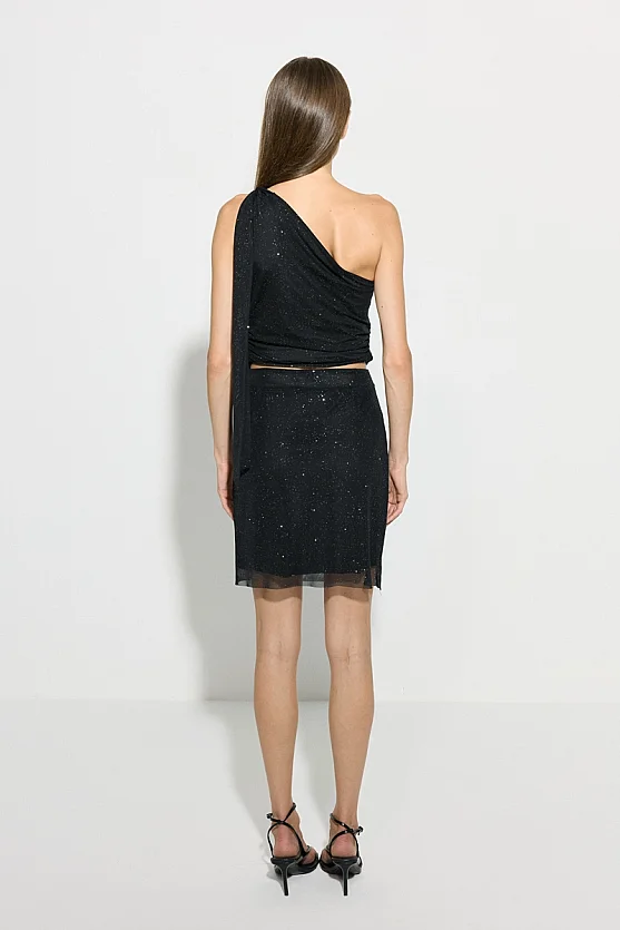One-Shoulder Glitter Blouse - Black - 8